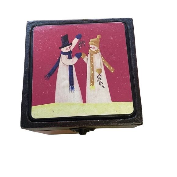 Christmas Coasters Red and Black Snowmen In Wood Box - Picture 3 of 9